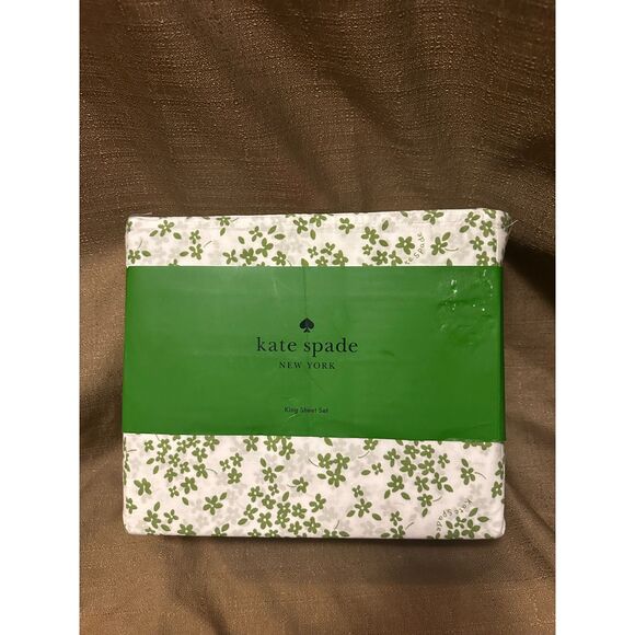 New Kate Spade King Bed Sheet Set Green Flower Deep Fitted 100% Cotton Percale - Picture 1 of 4